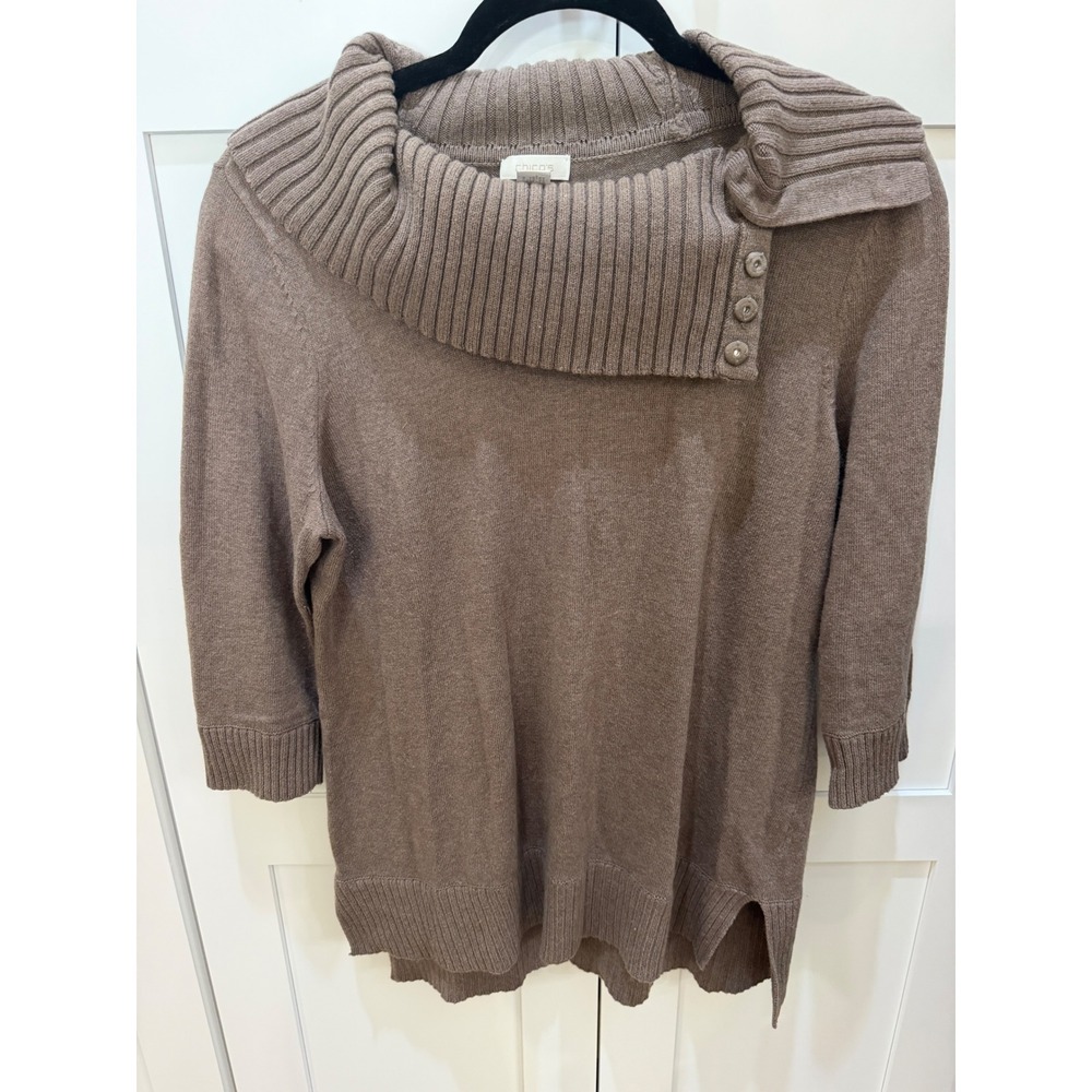 Chico's Brown Cowl Neck Button Detail Sweater Cotton Rabbit Hair Size 1 M